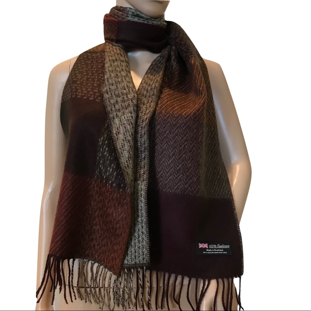 100% Cashmere Wine Patchwork Herringbone Scarf